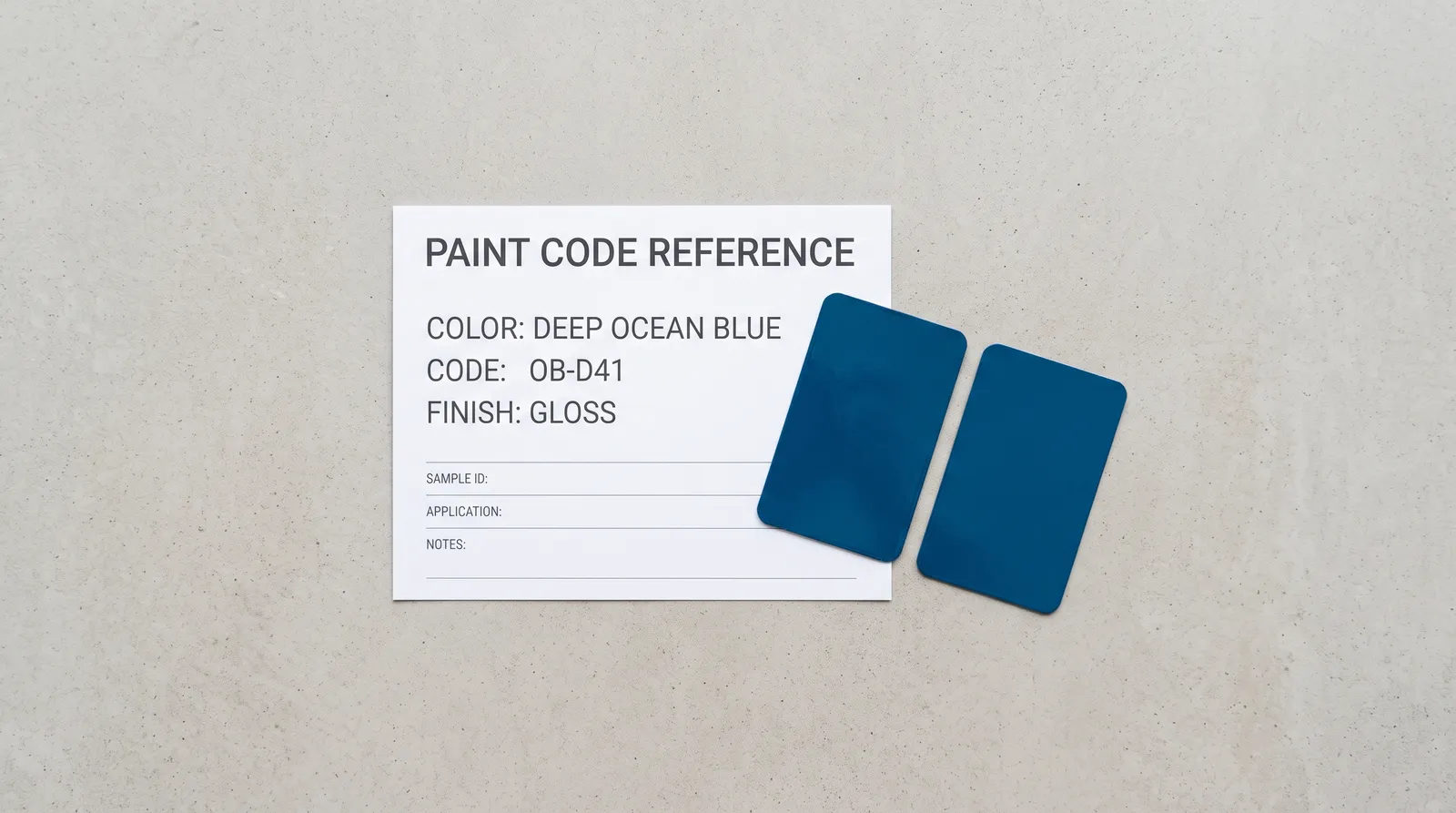 Paint code reference cards and color swatches