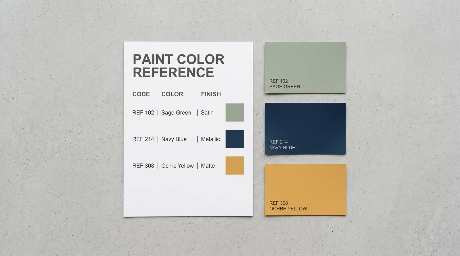 Paint code reference cards and color swatches