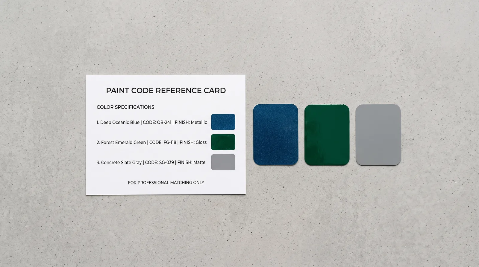 Paint code reference cards and color swatches