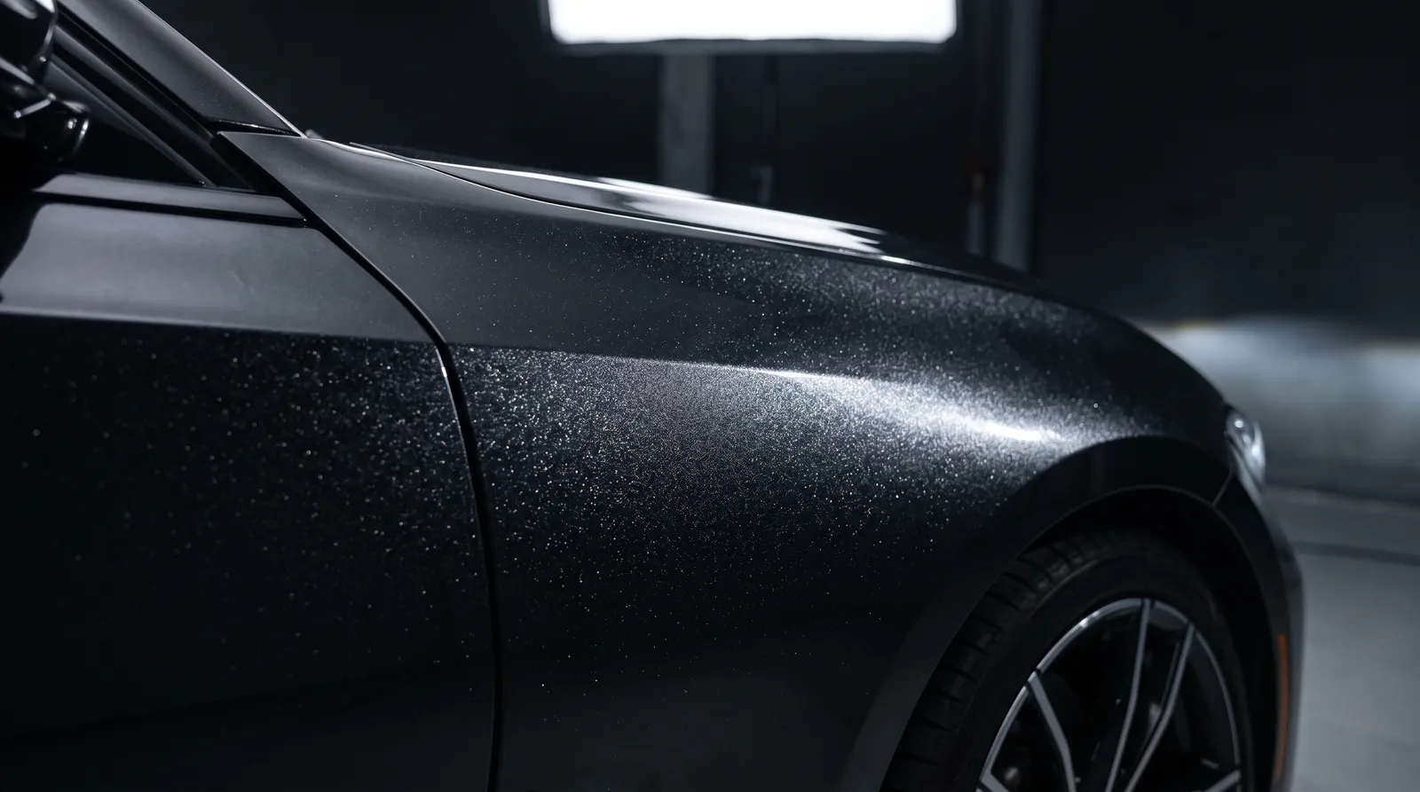 Close-up of a Metallic Black car paint finish