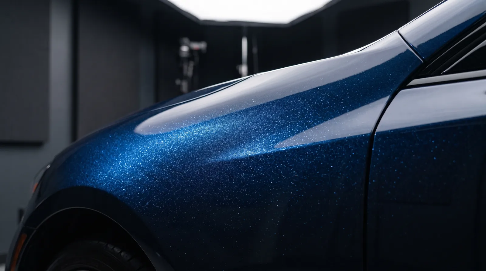 Close-up of a Midnight Metallic Blue car paint finish